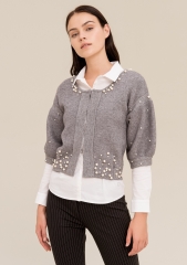 Women cardigan over fit short with pearls applied