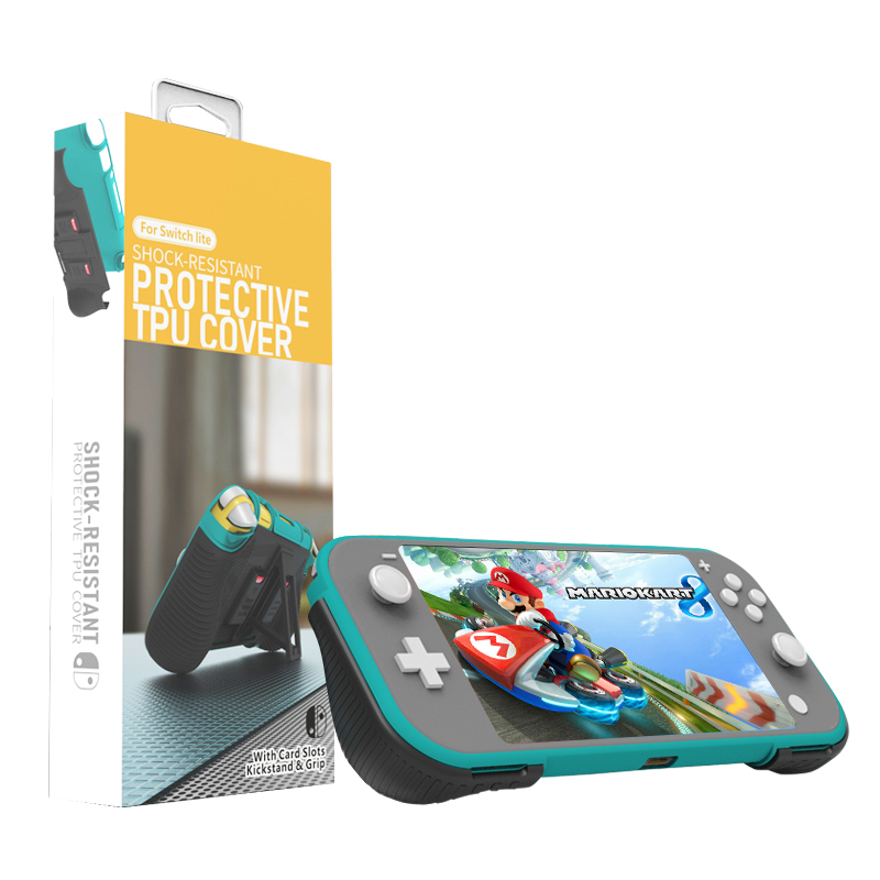 2 in 1 Hard PC+TPU Protective Case Cover with 2 Game Card Storage Slot and Stand Holder for Nintendo Switch Lite Console（black+turquoise）