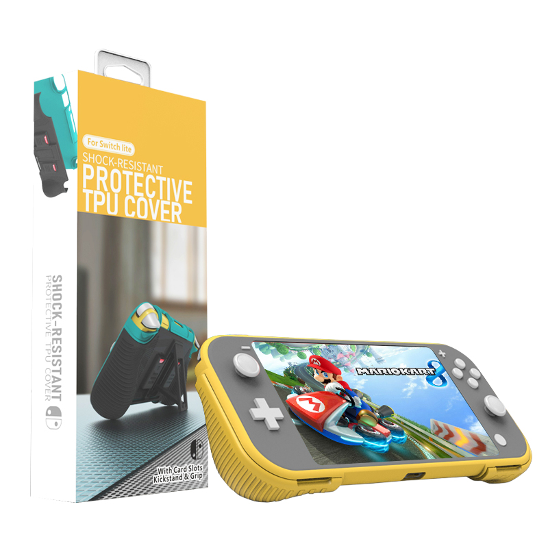 2 in 1 Hard PC+TPU Protective Case Cover with 2 Game Card Storage Slot and Stand Holder for Nintendo Switch Lite Console（yellow）