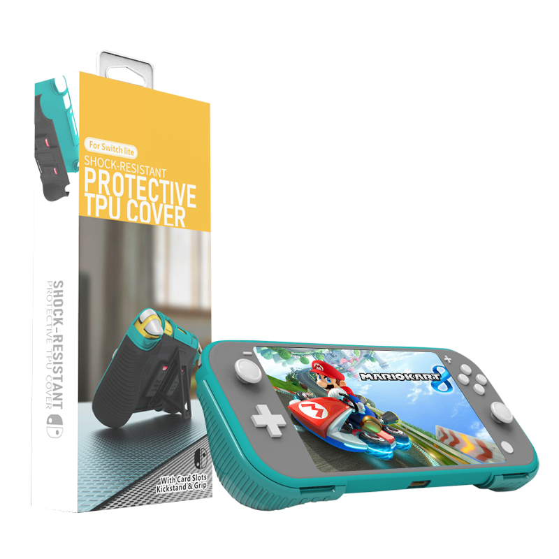 2 in 1 Hard PC+TPU Protective Case Cover with 2 Game Card Storage Slot and Stand Holder for Nintendo Switch Lite Console（turquoise）