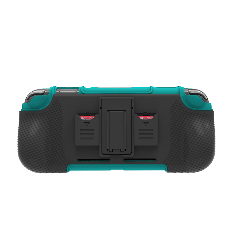 2 in 1 Hard PC+TPU Protective Case Cover with 2 Game Card Storage Slot and Stand Holder for Nintendo Switch Lite Console（black+turquoise）