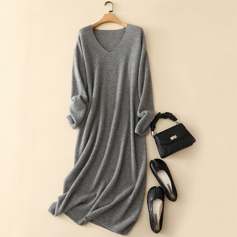 V-Neck Brioche Stitch Cashmere Dress