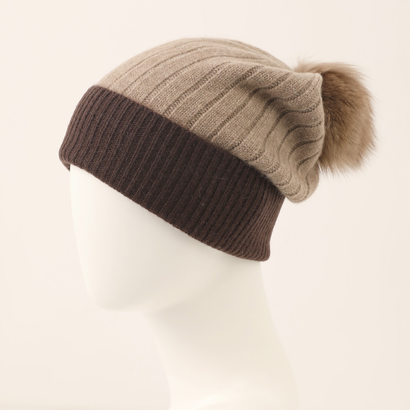 Two-Tone Cashmere Beanie with Pom Pom