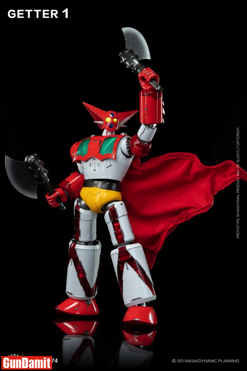 King Arts DFS074 Getter 1 raising axe with red cape flowing side view King Arts DFS074 Getter 1 raising axe with red cape flowing side view