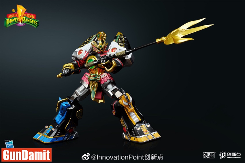 Innovation Point Thunder Megazord holding golden trident weapon attack pose Innovation Point Thunder Megazord holding golden trident weapon attack pose