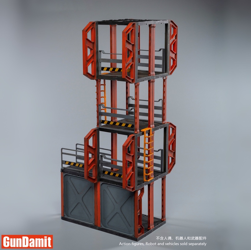 JoyToy Source 1/18 Mecha Depot Observation Tower front view red steel frame yellow ladders JoyToy Source 1/18 Mecha Depot Observation Tower front view red steel frame yellow ladders