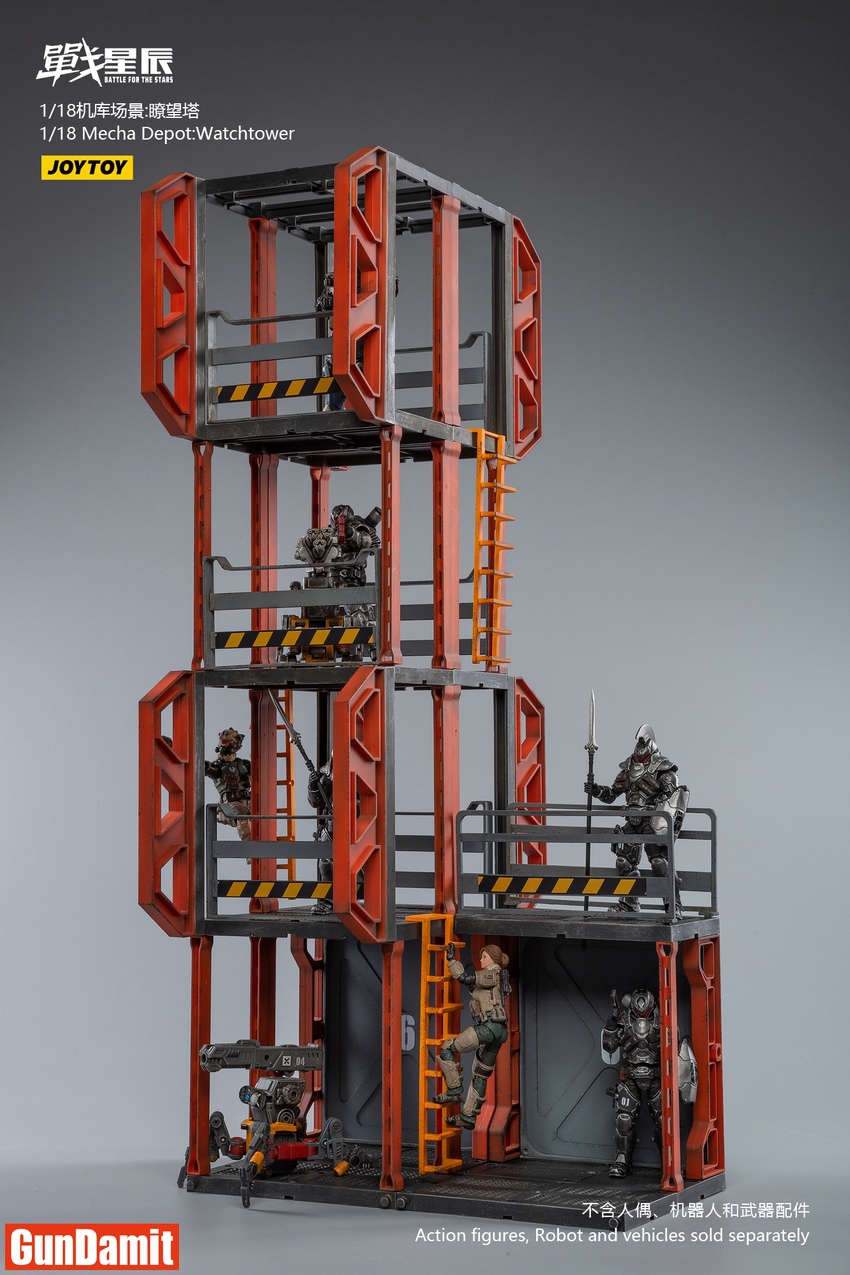 JoyToy Source 1/18 Mecha Depot Observation Tower rear view figures on platforms ground door JoyToy Source 1/18 Mecha Depot Observation Tower rear view figures on platforms ground door