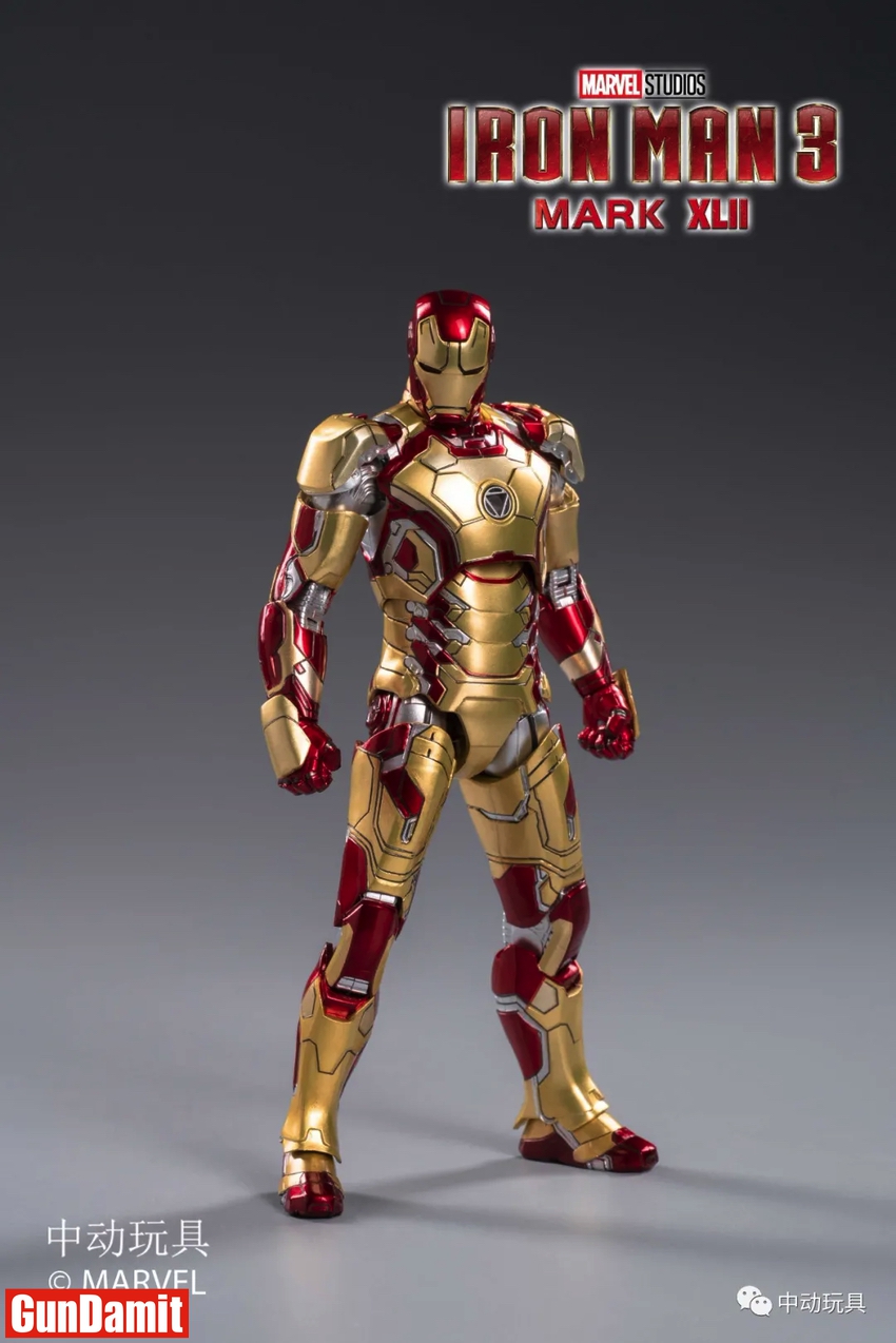 ZT Toys 1/10 Iron Man Mark 42 standing pose rear three-quarter view gold red armor ZT Toys 1/10 Iron Man Mark 42 standing pose rear three-quarter view gold red armor