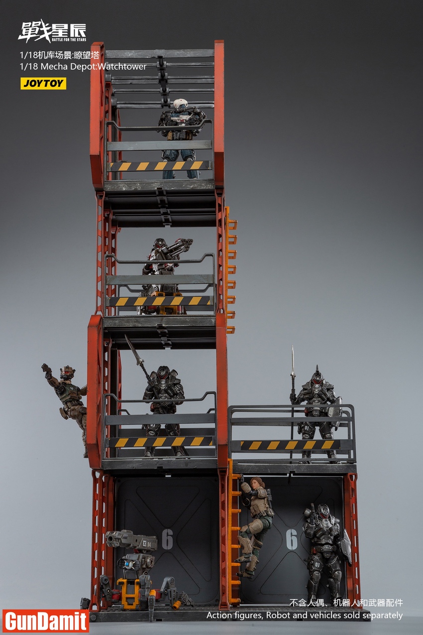 JoyToy Source 1/18 Mecha Depot Observation Tower full height front view figures all levels JoyToy Source 1/18 Mecha Depot Observation Tower full height front view figures all levels