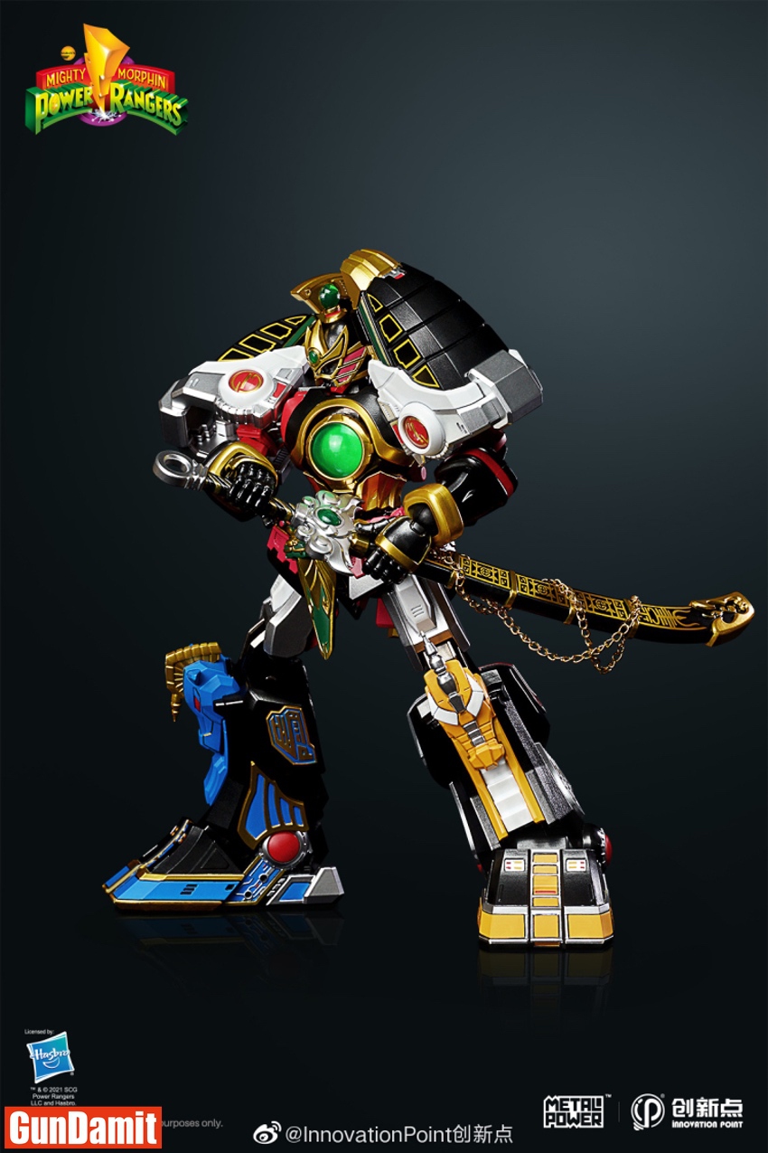 Innovation Point Thunder Megazord side view with sheathed sword Power Rangers branding Innovation Point Thunder Megazord side view with sheathed sword Power Rangers branding