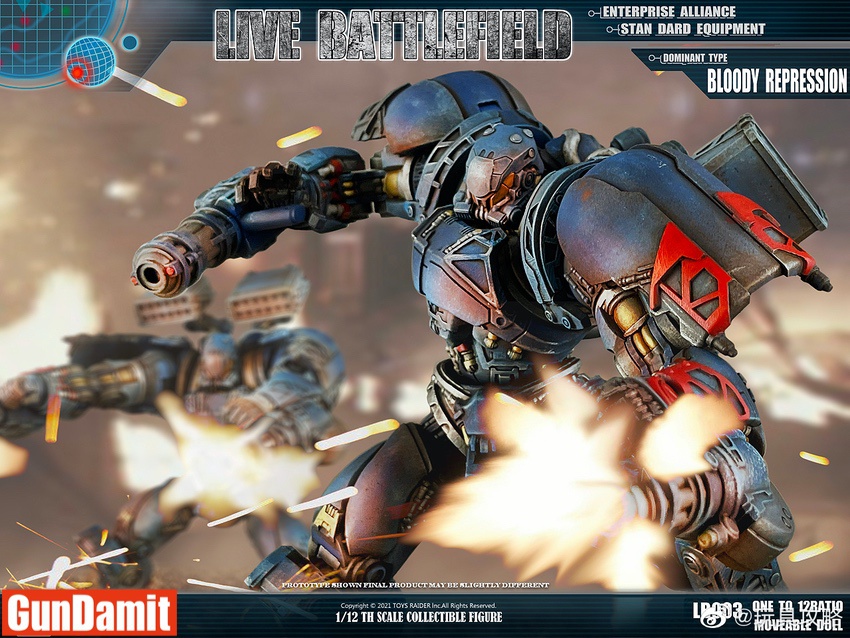 Bloody Repression mecha in dynamic firing pose with muzzle flash effects on battlefield backdrop Bloody Repression mecha in dynamic firing pose with muzzle flash effects on battlefield backdrop
