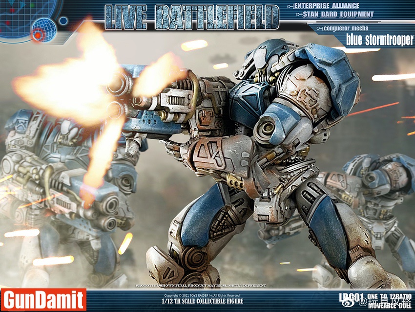 LB001 Conqueror Mecha crouching with oversized rifle in dynamic battlefield scene LB001 Conqueror Mecha crouching with oversized rifle in dynamic battlefield scene