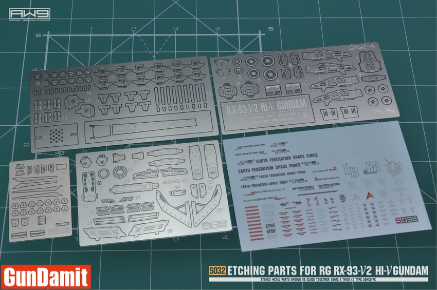 AW9 S032 photo-etched metal sheets and water slide decal sheet laid out on cutting mat AW9 S032 photo-etched metal sheets and water slide decal sheet laid out on cutting mat
