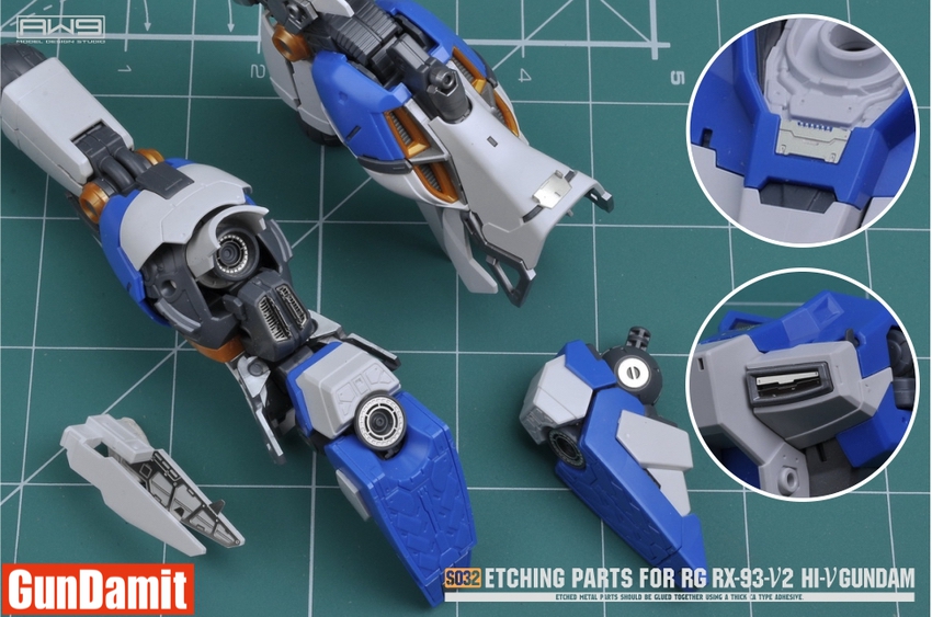 Close-up of AW9 S032 etching parts applied to Hi-Nu Gundam leg and arm sections with detailed panel accents Close-up of AW9 S032 etching parts applied to Hi-Nu Gundam leg and arm sections with detailed panel accents