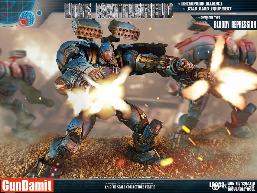 LB003 Conqueror Mecha firing dual weapons in crouched action pose with explosion effects LB003 Conqueror Mecha firing dual weapons in crouched action pose with explosion effects