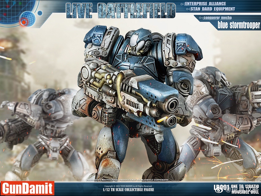 Blue Stormtrooper holding large weapon while advancing through war-torn environment Blue Stormtrooper holding large weapon while advancing through war-torn environment