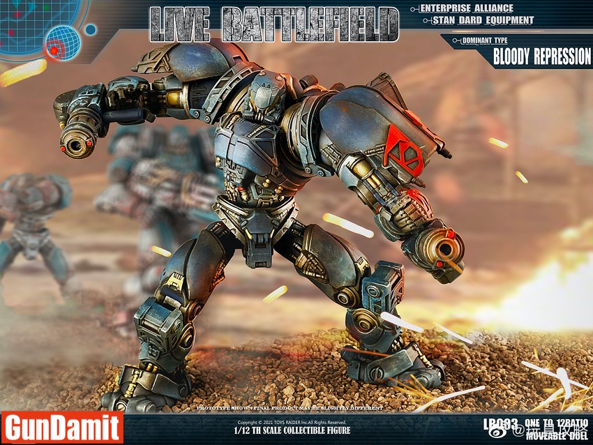 Rear view of Bloody Repression showing back-mounted equipment and weathered dark blue armor plating Rear view of Bloody Repression showing back-mounted equipment and weathered dark blue armor plating