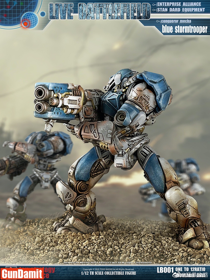 LB001 Blue Stormtrooper striding forward carrying shoulder-mounted cannon on battlefield terrain LB001 Blue Stormtrooper striding forward carrying shoulder-mounted cannon on battlefield terrain