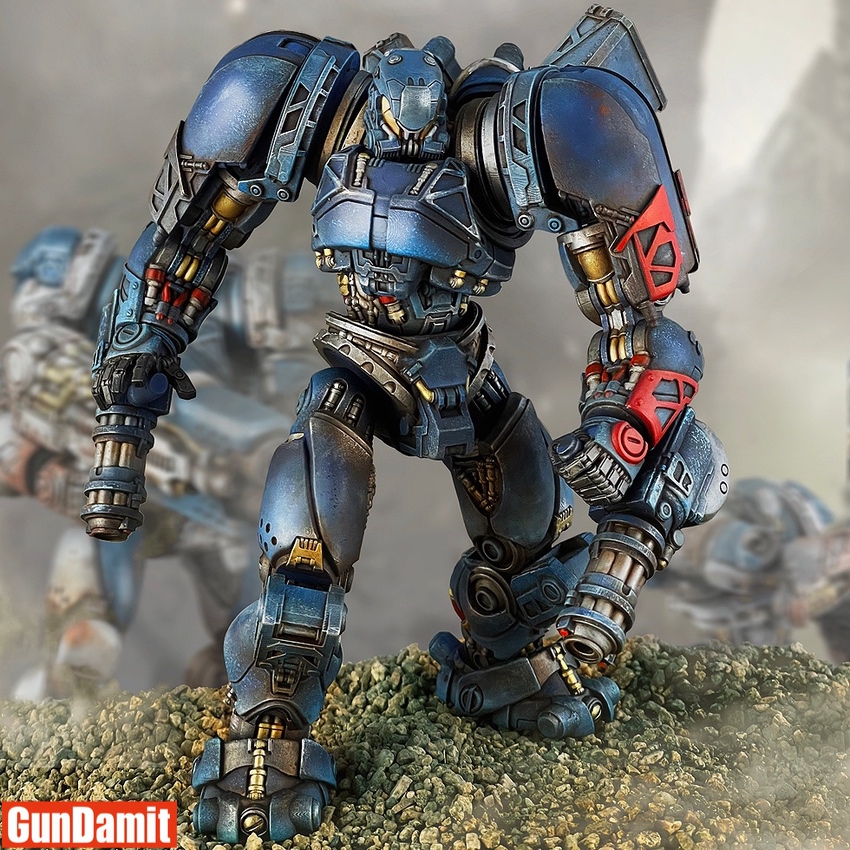 Toys Raider LB003 Bloody Repression 1/12 mecha figure front view showing dark blue armor with red accents and weathered finish Toys Raider LB003 Bloody Repression 1/12 mecha figure front view showing dark blue armor with red accents and weathered finish