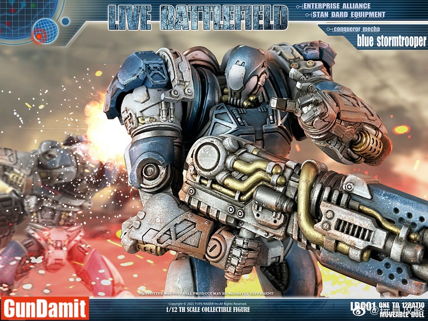 Blue Stormtrooper mecha in action pose firing heavy gatling gun with muzzle flash effect Blue Stormtrooper mecha in action pose firing heavy gatling gun with muzzle flash effect