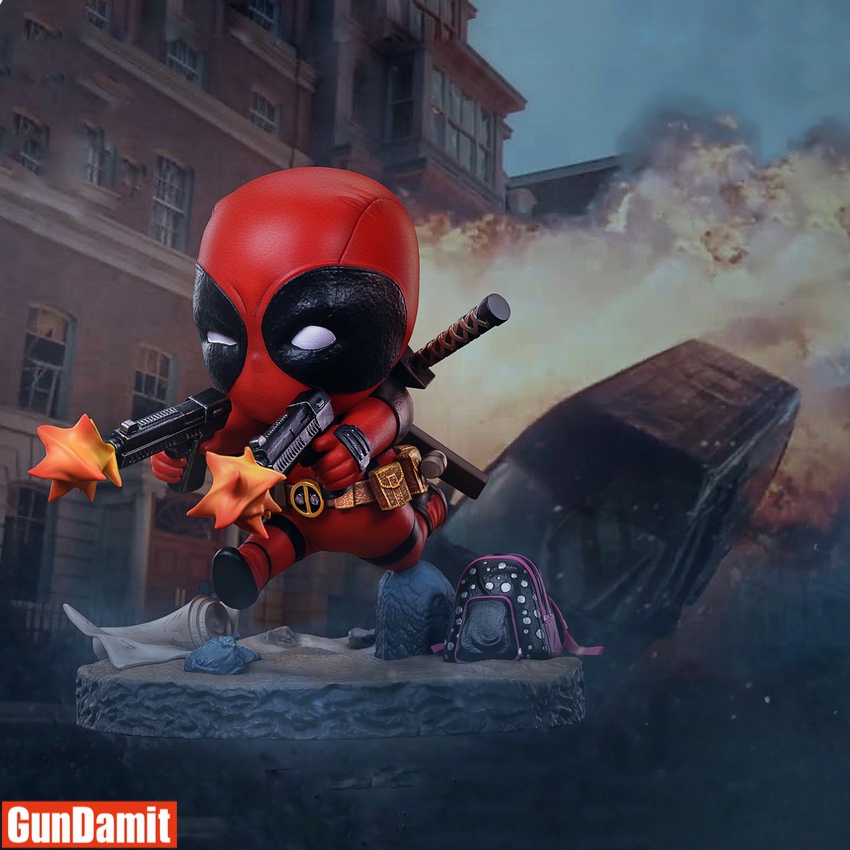 Sansui Studio chibi Deadpool statue in urban battle scene backdrop firing weapon with explosion effects behind Sansui Studio chibi Deadpool statue in urban battle scene backdrop firing weapon with explosion effects behind