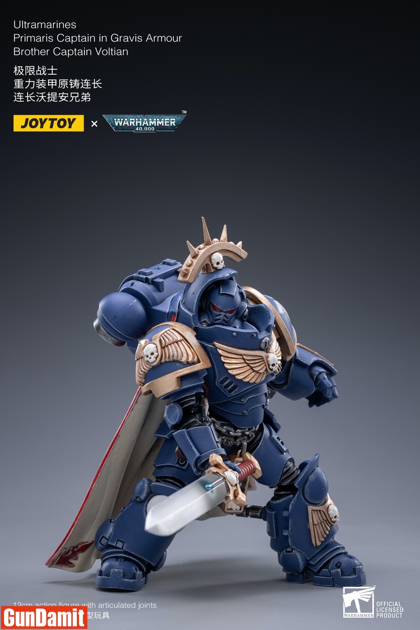 Close-up of Captain Voltian in combat stance with power sword and iron halo spikes above helmet Close-up of Captain Voltian in combat stance with power sword and iron halo spikes above helmet