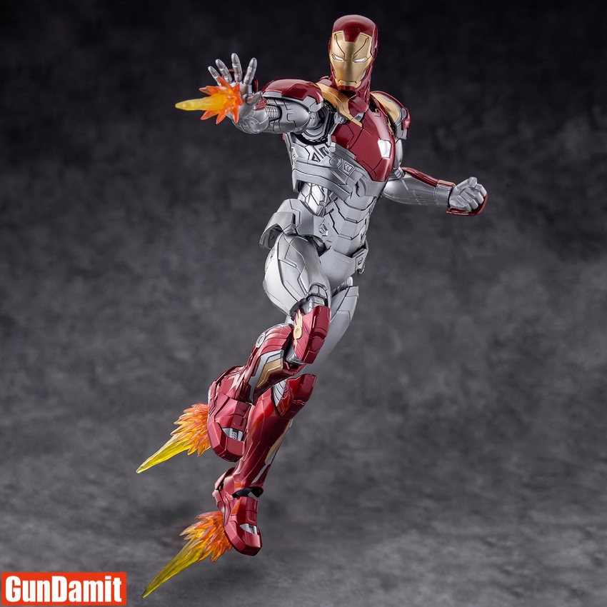Eastern Model 1/9 Iron Man Mark 47 in flying pose with orange thruster blast effects on hands and feet Eastern Model 1/9 Iron Man Mark 47 in flying pose with orange thruster blast effects on hands and feet