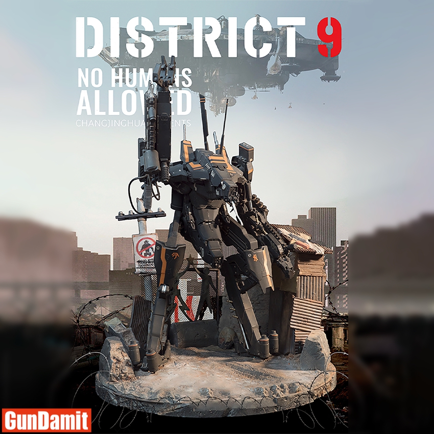 District 9 Prawns mecha with alien mothership hovering above slum base promotional artwork District 9 Prawns mecha with alien mothership hovering above slum base promotional artwork