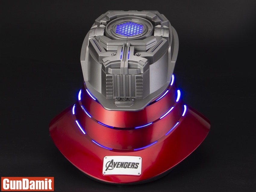 Front view of MST Iron Man helmet base with Avengers logo plaque and blue LED accents Front view of MST Iron Man helmet base with Avengers logo plaque and blue LED accents