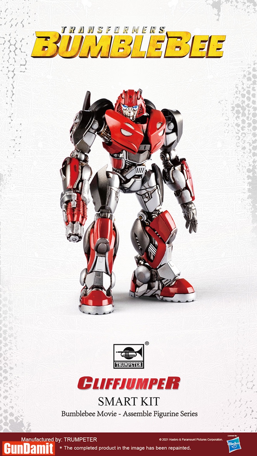 Completed Cliffjumper model standing pose showing red and silver pre-painted detail Completed Cliffjumper model standing pose showing red and silver pre-painted detail