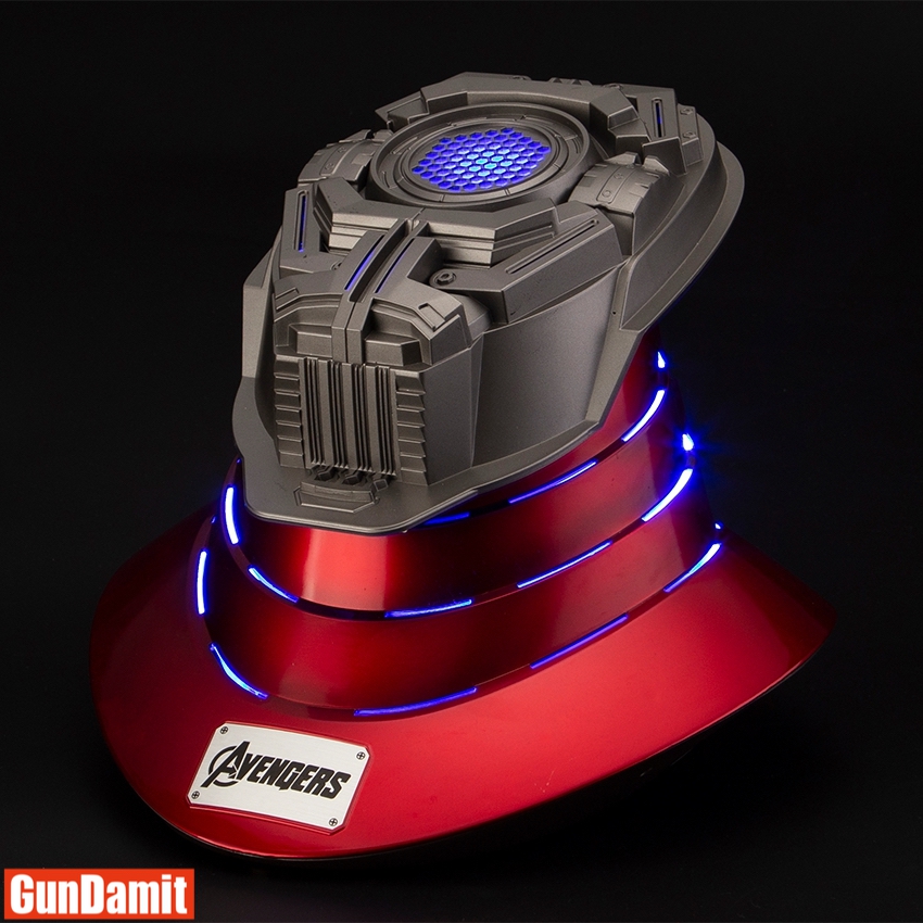 MST Iron Man helmet base top view showing blue arc reactor LED and metallic red finish MST Iron Man helmet base top view showing blue arc reactor LED and metallic red finish