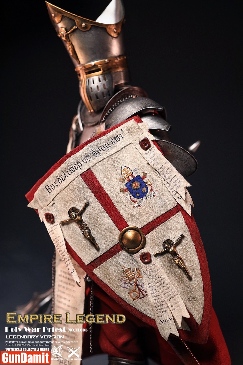Detail shot of Holy War Priest shield with crucifix decorations and papal coat of arms Detail shot of Holy War Priest shield with crucifix decorations and papal coat of arms