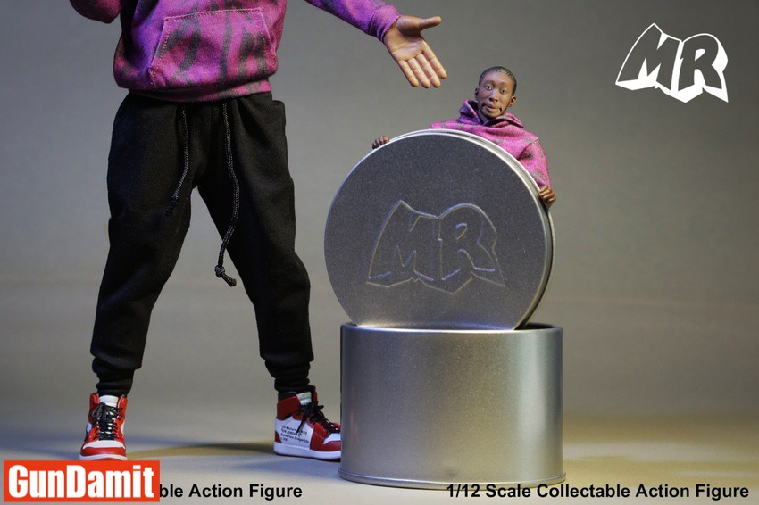 1/12 Mr. No Say figure peeking out of MR branded metal tin next to 1/6 version 1/12 Mr. No Say figure peeking out of MR branded metal tin next to 1/6 version
