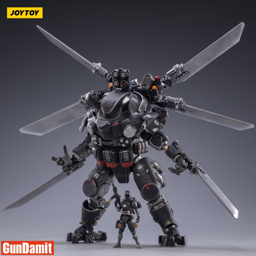 JoyToy Iron Wrecker 05 front view with pilot figure showing scale comparison and full weapon loadout JoyToy Iron Wrecker 05 front view with pilot figure showing scale comparison and full weapon loadout
