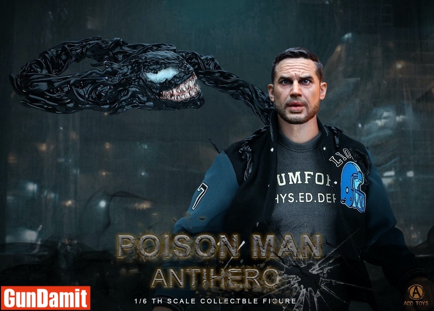 Eddie Brock figure with symbiote-infected face showing glowing blue eyes and sharp teeth in close-up Eddie Brock figure with symbiote-infected face showing glowing blue eyes and sharp teeth in close-up