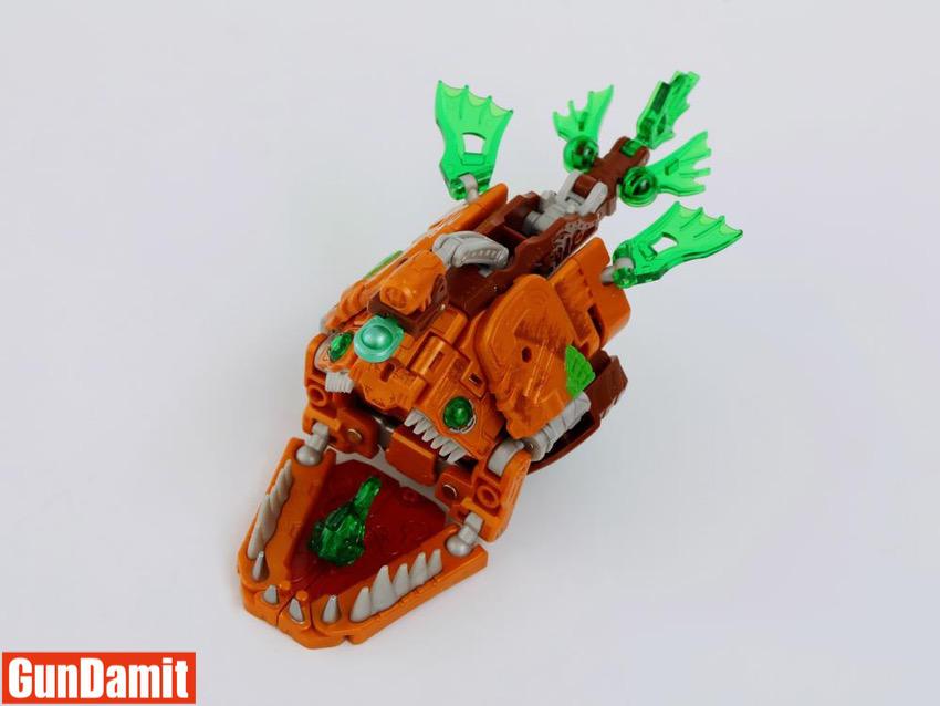 Top-down view of Rustypiece in beast mode showing green translucent fin details on back Top-down view of Rustypiece in beast mode showing green translucent fin details on back