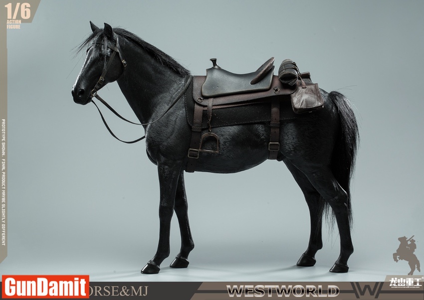 Rear left angle of LongSan 1/6 black horse showing saddle bags and tail detail Rear left angle of LongSan 1/6 black horse showing saddle bags and tail detail