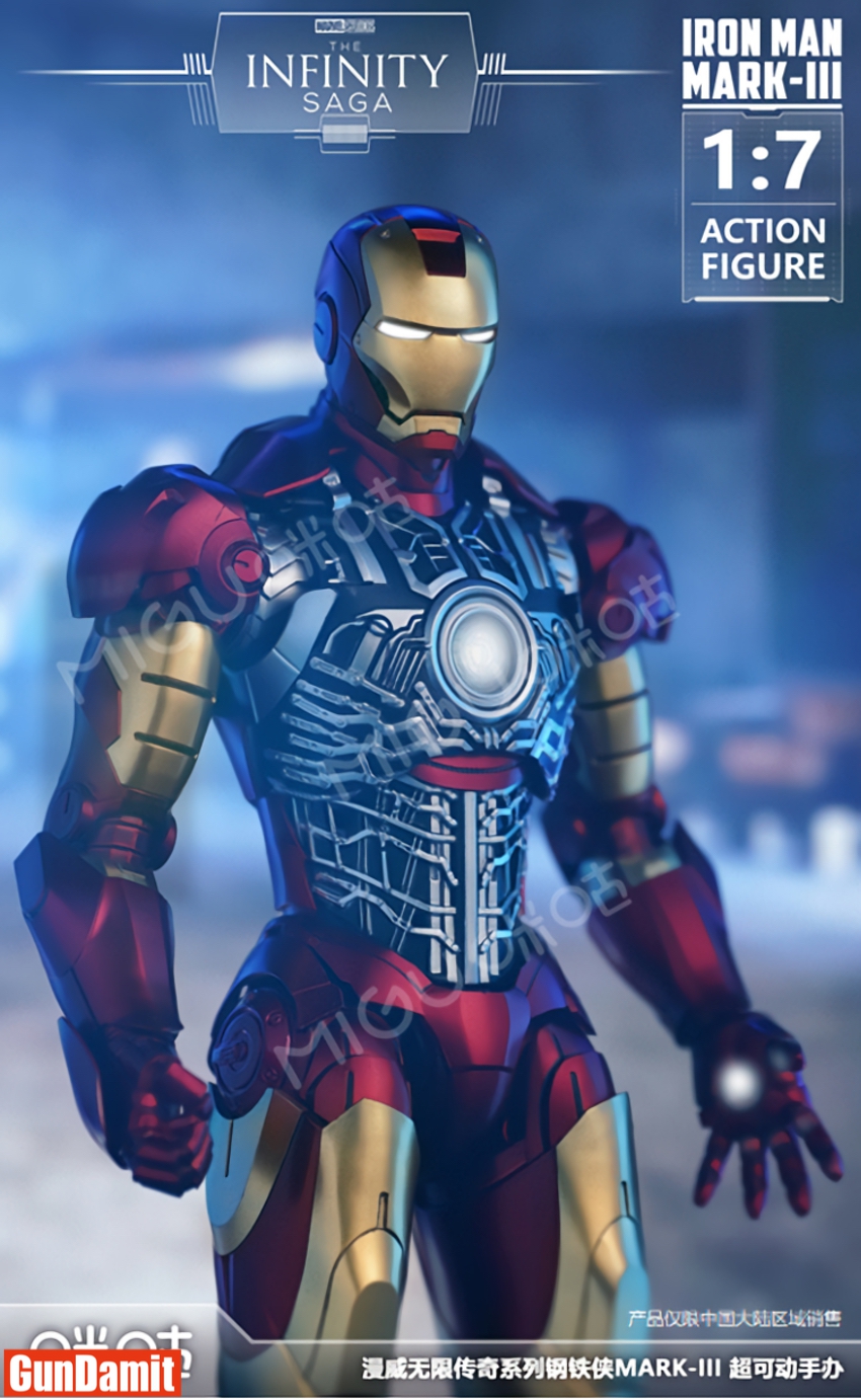 Close-up upper body shot of Iron Man MK3 figure showing detailed metallic red and gold armor with exposed internal arc reactor Close-up upper body shot of Iron Man MK3 figure showing detailed metallic red and gold armor with exposed internal arc reactor