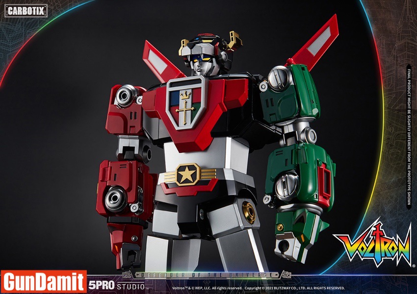 Voltron figure half-body view displaying metallic finish and articulated joints Voltron figure half-body view displaying metallic finish and articulated joints