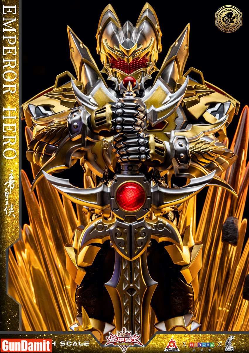 Close-up front view of Emperor Hero statue gold and silver armor with ornate sword Close-up front view of Emperor Hero statue gold and silver armor with ornate sword