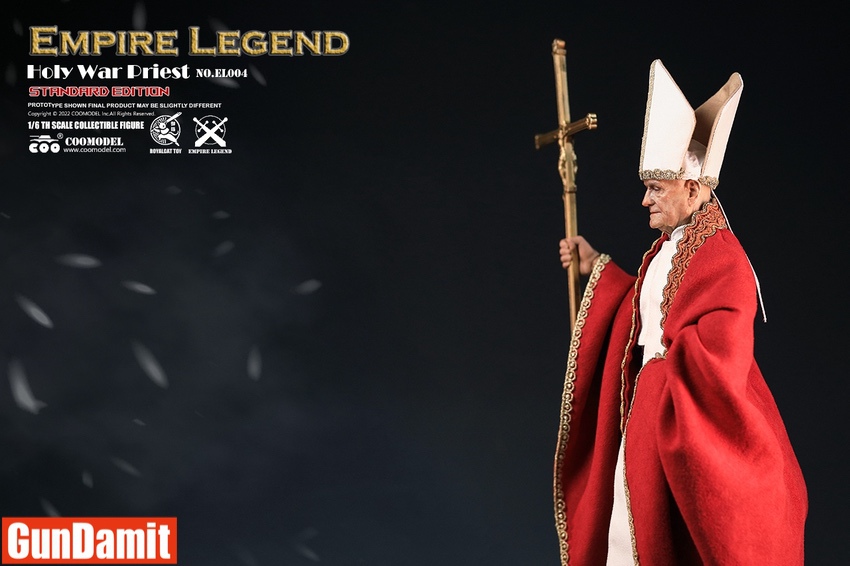 Empire Legend Holy War Priest side profile showing mitre headdress and red cape details Empire Legend Holy War Priest side profile showing mitre headdress and red cape details