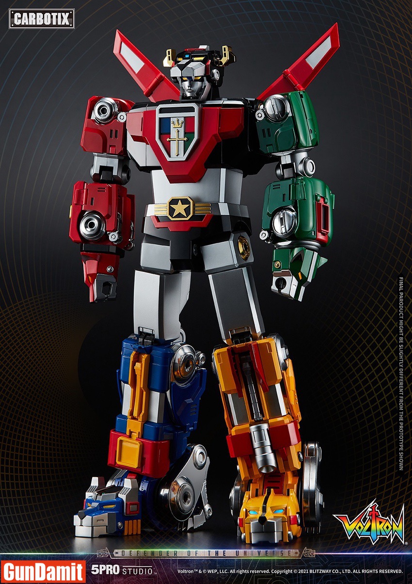 Full standing pose of Voltron figure showing blue and yellow lion legs with detailed paint Full standing pose of Voltron figure showing blue and yellow lion legs with detailed paint