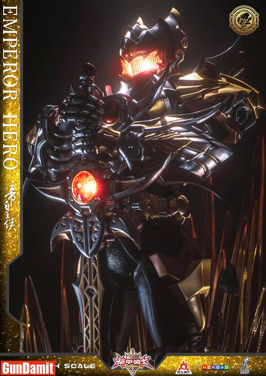 Emperor Hero statue with LED light-up red eyes in dramatic dark lighting Emperor Hero statue with LED light-up red eyes in dramatic dark lighting