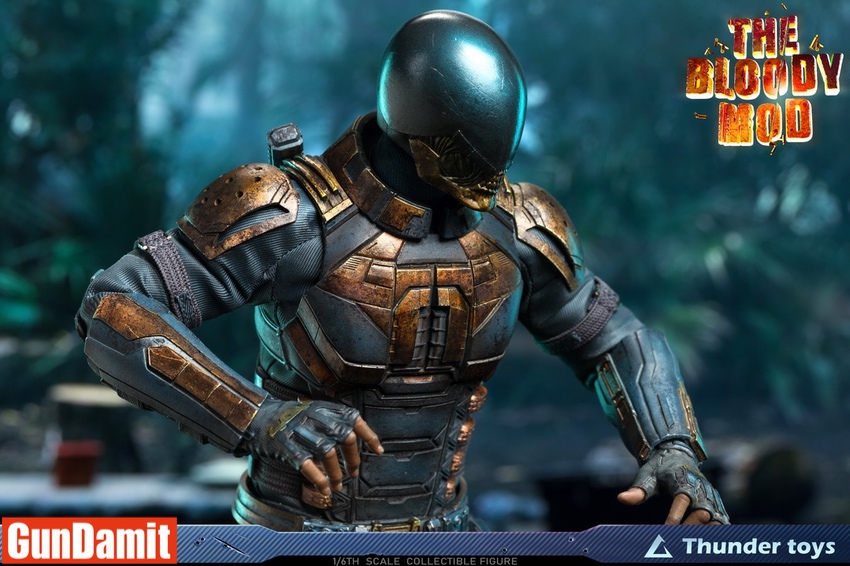 Bloodsport 1/6 scale figure standing in jungle environment with hands at sides and dome helmet Bloodsport 1/6 scale figure standing in jungle environment with hands at sides and dome helmet