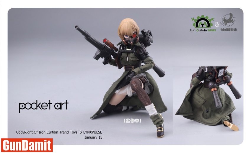 Pocket Art Emilia figure with gas mask and green military coat in action poses Pocket Art Emilia figure with gas mask and green military coat in action poses