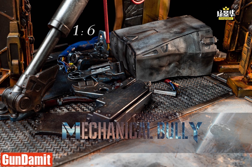 Close-up of Mechanical Bully diorama surface with tools, cables, and metal grating details Close-up of Mechanical Bully diorama surface with tools, cables, and metal grating details