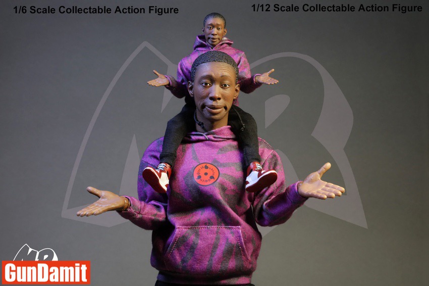 Close-up of 1/6 and 1/12 Mr. No Say figures showing detailed head sculpt and clothing Close-up of 1/6 and 1/12 Mr. No Say figures showing detailed head sculpt and clothing