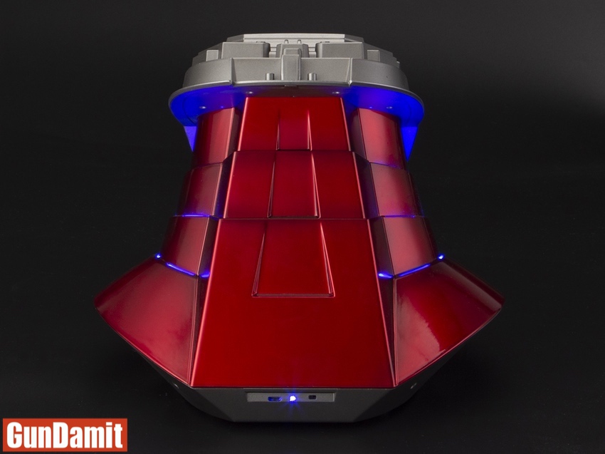 Rear view of MST Iron Man helmet base showing red metallic panels and Bluetooth connectivity port Rear view of MST Iron Man helmet base showing red metallic panels and Bluetooth connectivity port
