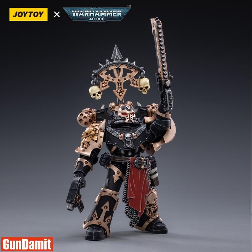 Black Legion Marine D wielding chainsword overhead with skull trophy rack backpack in action pose Black Legion Marine D wielding chainsword overhead with skull trophy rack backpack in action pose