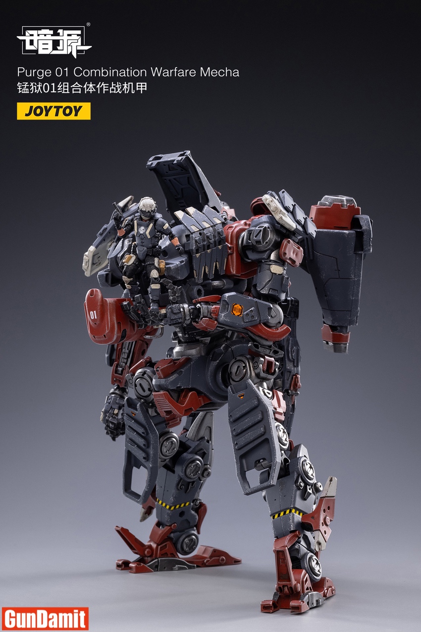 Rear view of Purge 01 mecha showing backpack with pilot figure seated in open cockpit area Rear view of Purge 01 mecha showing backpack with pilot figure seated in open cockpit area